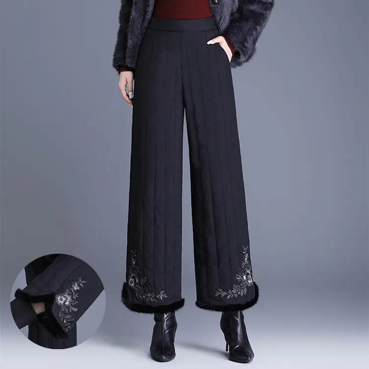 夹棉加厚保暖竖条纹羽绒棉裤女秋冬新款外穿绣花阔腿裤直筒休闲裤