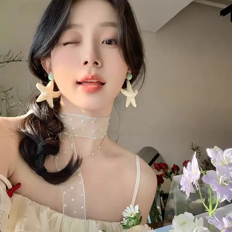 非金属布艺耳饰 海岛假日 手工编织海星耳环女款海边度假耳坠耳钉