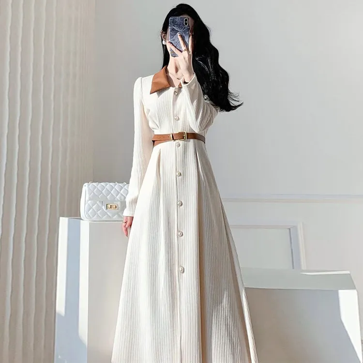 法式赫本风气质内搭打底白色夏季时尚连衣裙新品女秋冬女神范长裙