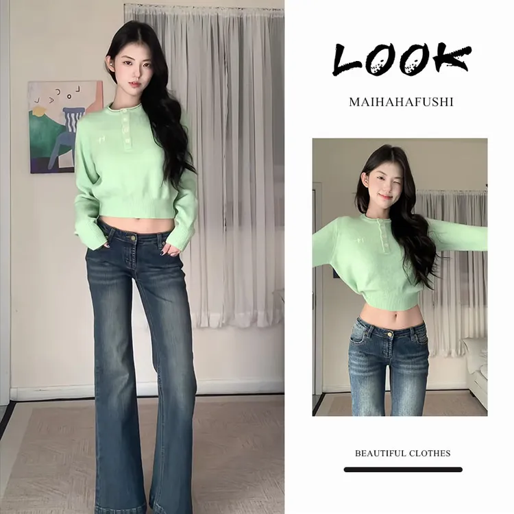 秋冬一整套女装2026新款韩版温柔显瘦短款针织毛衣微喇牛仔裤套装