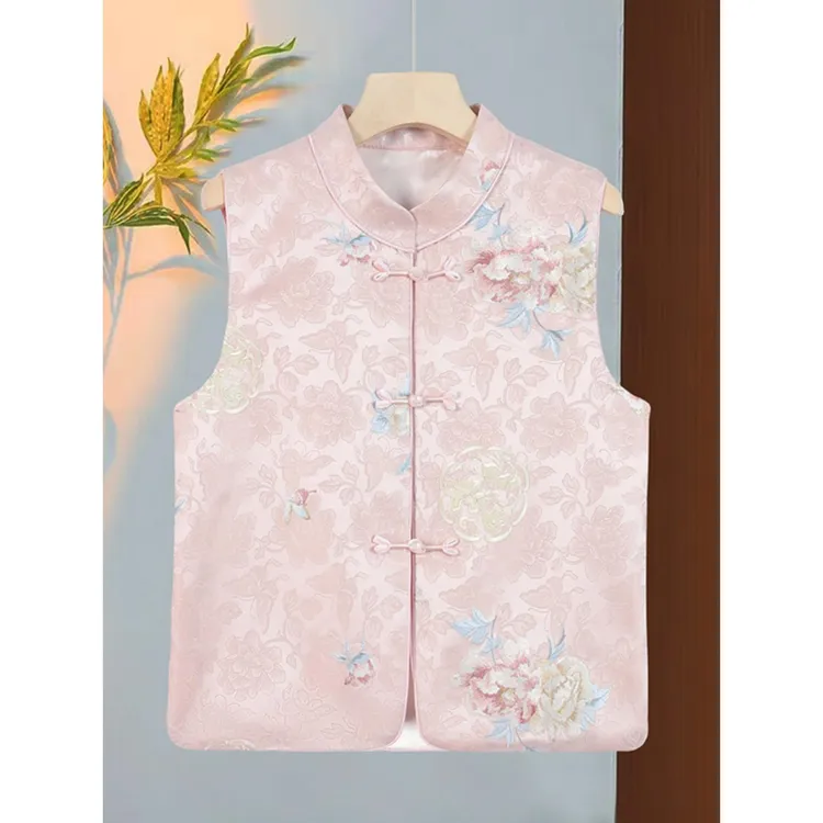 2025新款妈妈春秋装新中式绣花马甲洋气中国风盘扣马甲坎肩上衣女