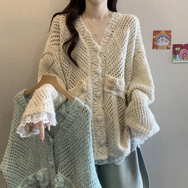 大码慵懒风花朵蕾丝拼接针织开衫女2025秋冬新款胖MM宽松毛衣外套