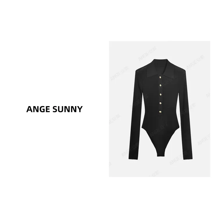 ANGE SUNNY【孙千同款 POLO领连体衣】经典黑修身显瘦连体针织上衣