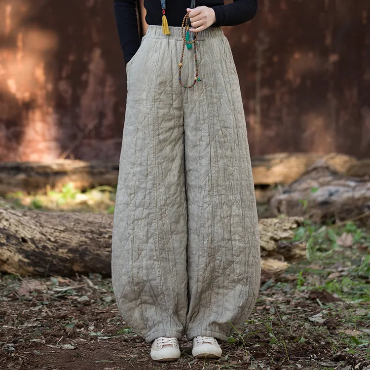 冬季棉麻宽松棉裤复古夹棉绗缝菱形格加厚保暖灯笼棉裤禅意休闲裤