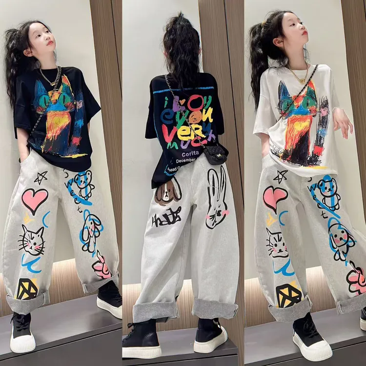 女童夏季酷飒超好看女大童个性印花短袖T恤牛仔裤薄款夏装