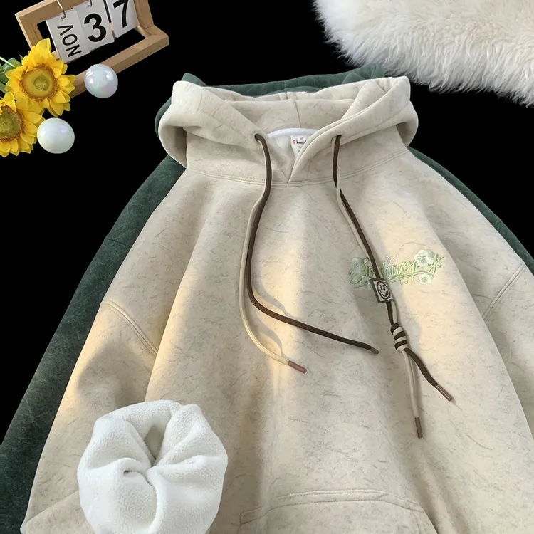 美式砂洗连帽卫衣男款秋冬青少年学院风加绒加厚男生oversize帽衫