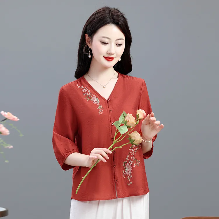 夏季新款五分袖刺绣宽休闲松遮肉显瘦上衣001