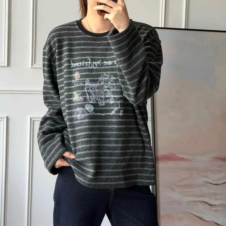 NANA【条纹小狗】秋冬慵懒风内里加绒圆领磨毛条纹长袖T宽松C0627