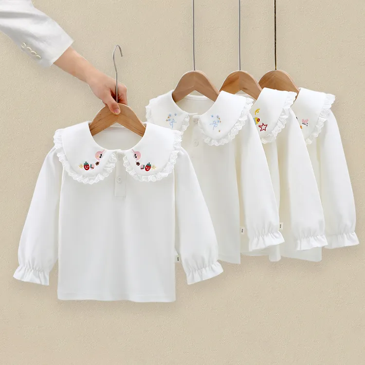 小女童秋季纯棉刺绣衬衫白色大翻领长袖打底衫儿童娃娃领公主上衣