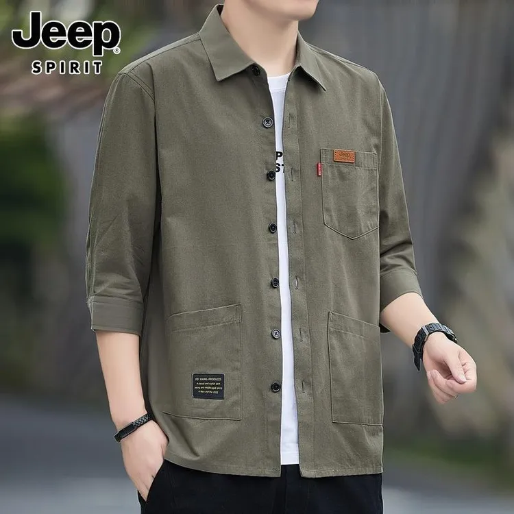 JEEP SPIRIT吉普短袖衬衫男士夏季七分袖休闲纯棉衬衣长袖外套男