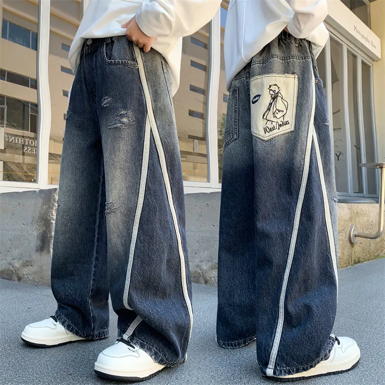 男童秋季拉条牛仔裤春秋款2025新款中大童宽松直筒牛仔长裤儿童潮
