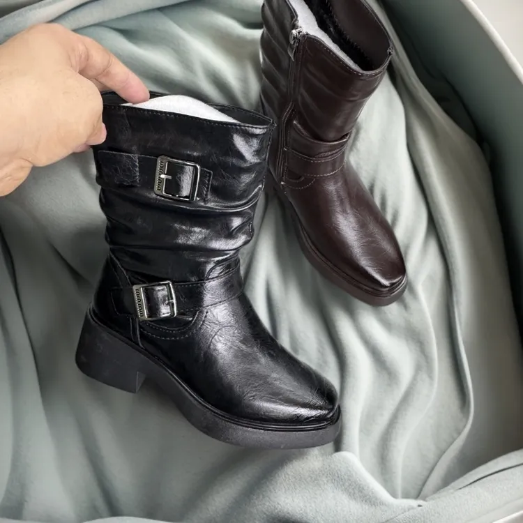 603高帮休闲筒靴女靴中筒英伦风秋冬时装靴厚底冬季
