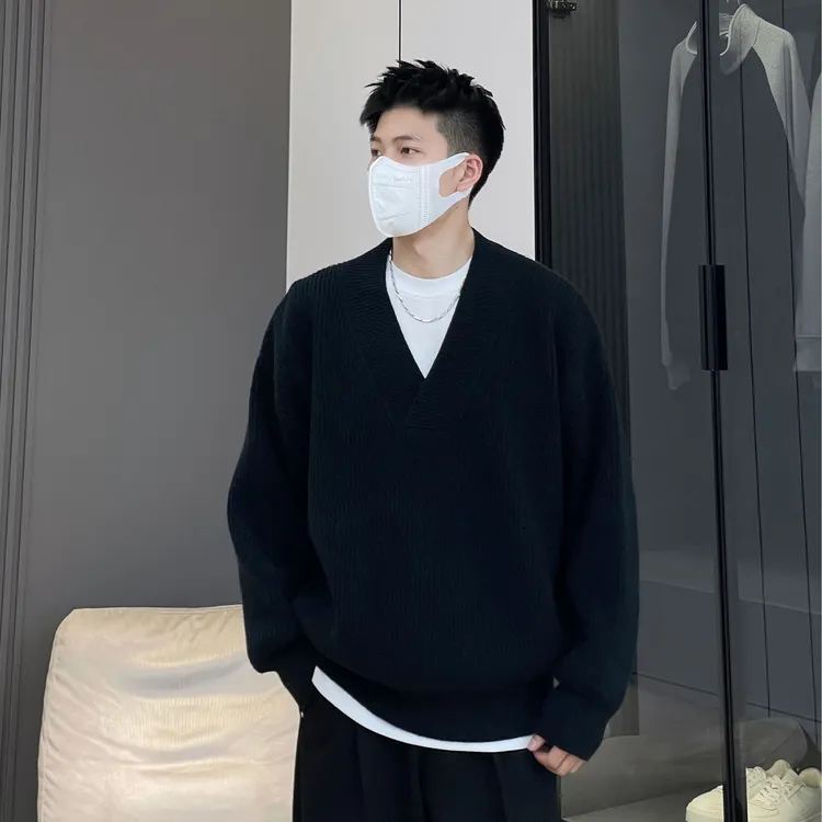 【秋冬新款】简约高级感纯色V领毛衣宽松慵懒休闲风男女同款24375