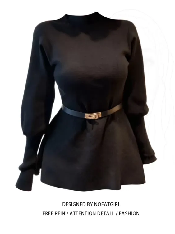 【配腰带】大码胖MM法式赫本风半高领收腰毛衣女秋冬新款显瘦内搭