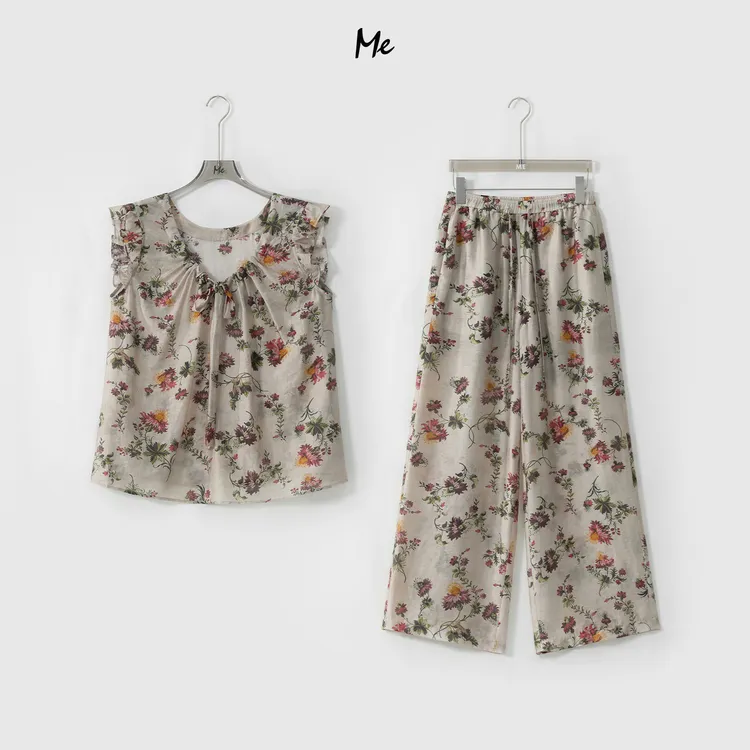 ME【花藤荷叶套装】天丝亚麻混纺松弛印花显瘦百搭时尚套装MESS6313