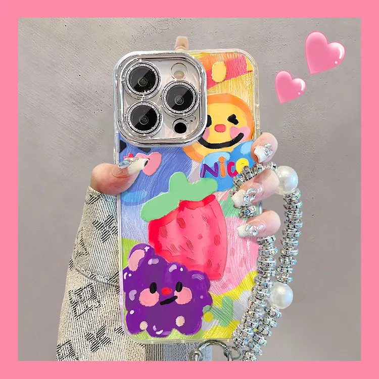 油画涂鸦草莓手链适用苹果16pro羽纱手机壳iphone15高级感14/13女