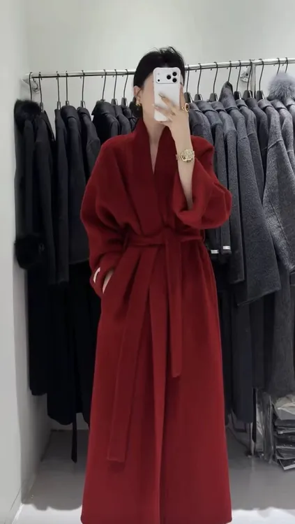 长款羊毛外套西西里红色长款大衣双面呢红色轻奢羊毛气质网红时尚