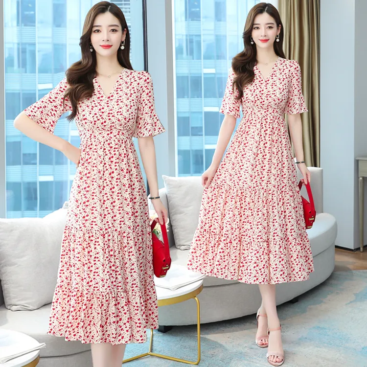 实拍碎花雪纺连衣裙女夏新款v领轻熟风收腰显瘦气质印花长款裙子