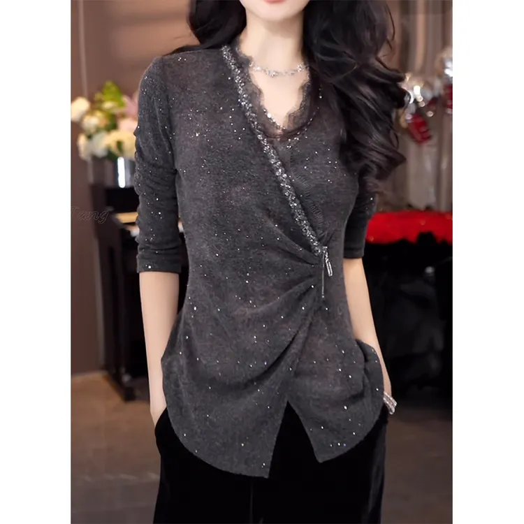 气质拼接蕾丝亮片v领长袖t恤女2025新款不规则收腰显瘦内搭上衣