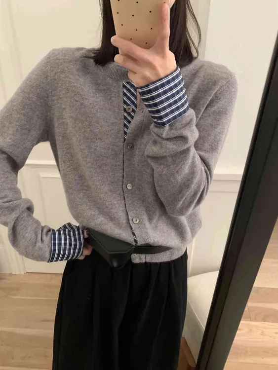 2025秋冬新款韩系洋气格子衬衣拼接针织衫假两件套开衫毛衣女外套