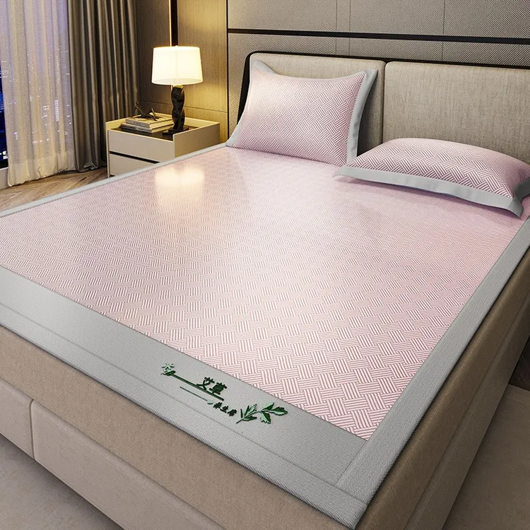 艾草冰丝凉席三件套绑带款饼干花透气养生夏季凉爽