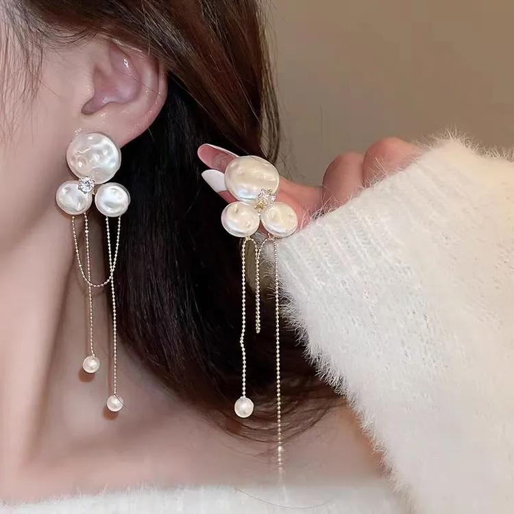 不规则珠珠款花朵流苏耳环长款显脸瘦耳坠法式高级感耳饰简约