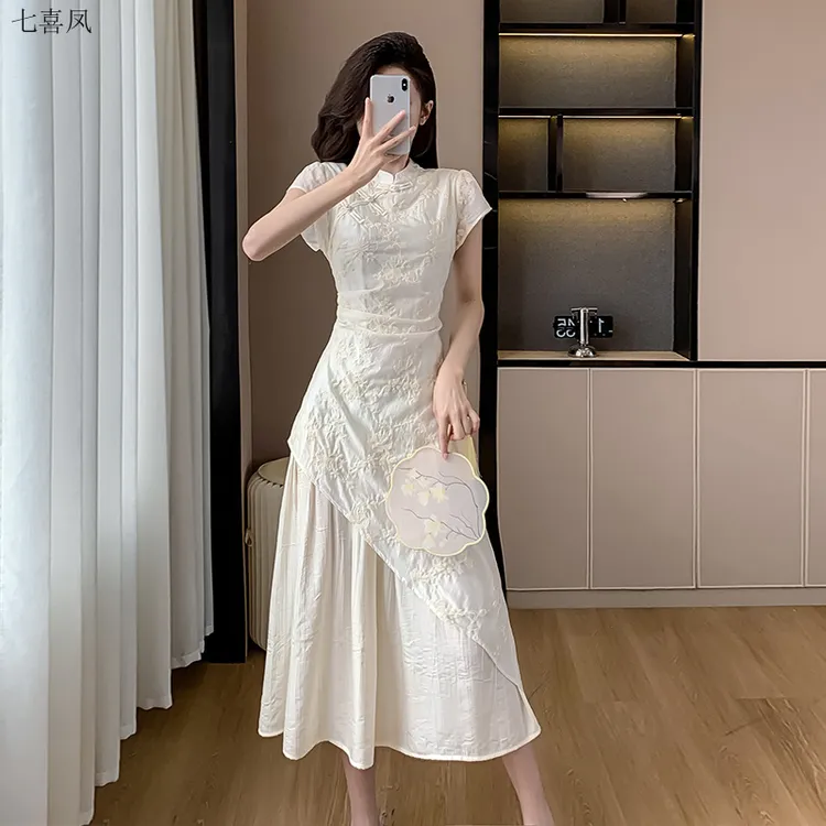 夏季新款改良纯色长裙新中式立体装饰盘扣女士连衣旗袍不对称不规