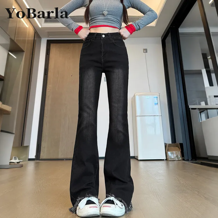 黑灰色毛边微喇牛仔裤女秋季新款胖mm大码显瘦高腰弹力喇叭马蹄裤