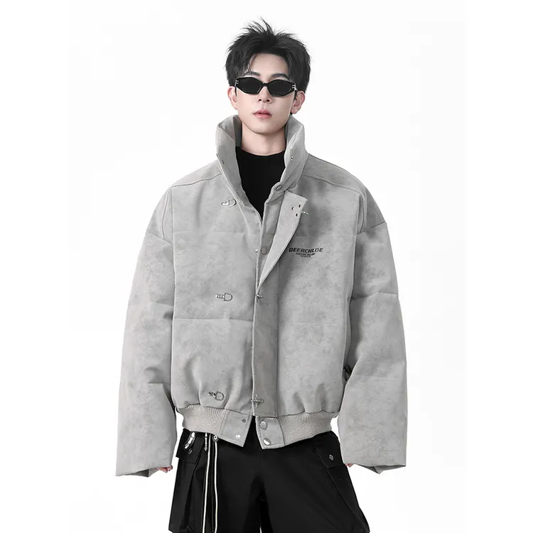 美式脏脏扎染短款立领PU夹克棉服男女冬季宽松保暖棉衣外套面包服