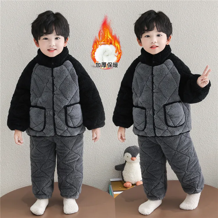 男童睡衣三层夹棉冬季法兰绒宝宝加厚加绒棉衣儿童珊瑚绒家居服男