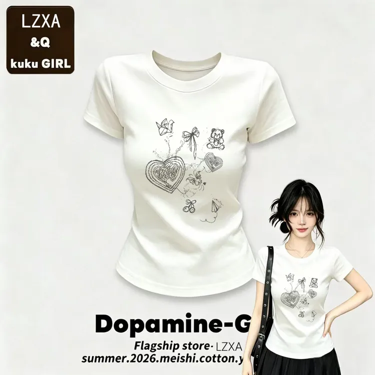 【LZXA】重磅韩系爱心小熊印花正肩短袖T恤女修身显瘦爆款圆领上衣