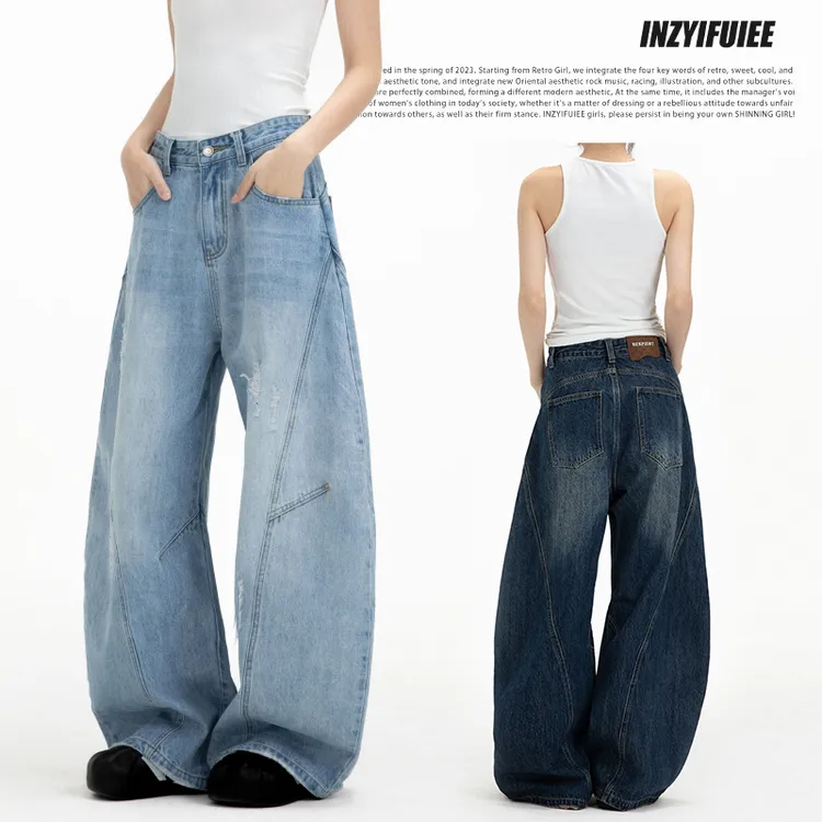 INZYIFUIEE复古水洗做旧弯刀牛仔裤宽松立体裁剪男女同款长裤大版