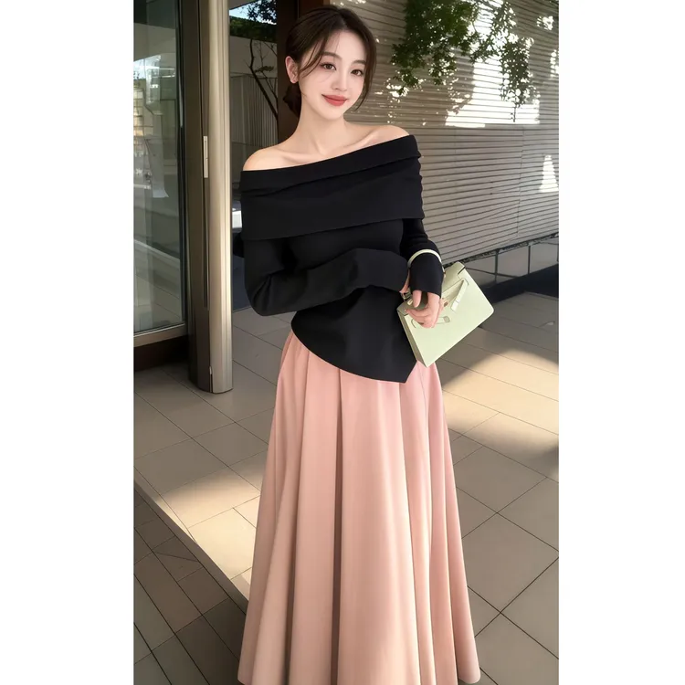 粉色设计感一字肩针织衫女春季2025新款长袖露肩修身上衣套装女