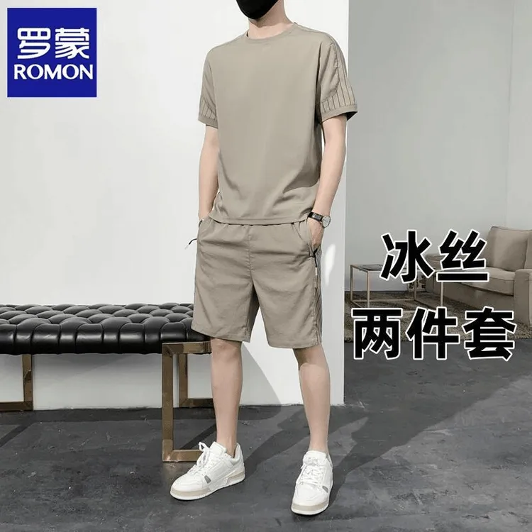 罗蒙夏季薄款冰丝t恤短裤两件套男潮流百搭休闲短袖短裤运动套装