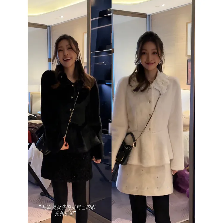 W·HAHA【温柔盛宴】水貂毛立体花朵镶钻收腰毛呢外套61386