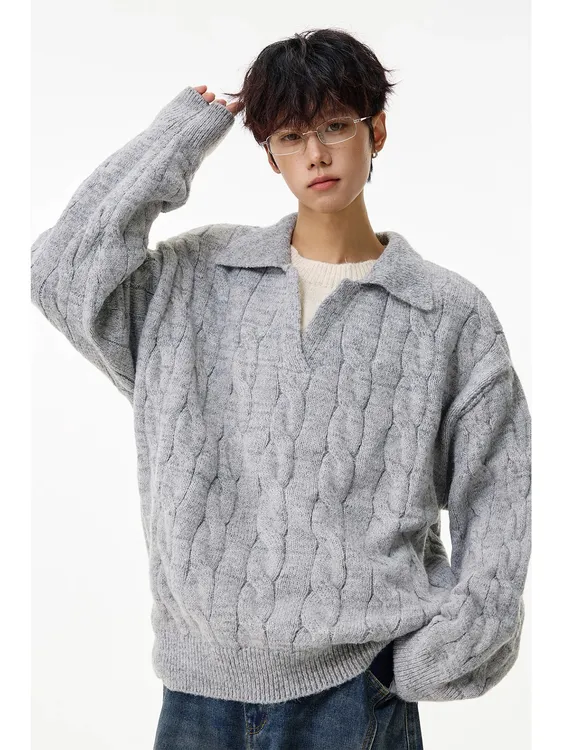 法式复古绞花假两件拼接POLO领毛衣男秋冬潮牌情侣加厚保暖针织衫