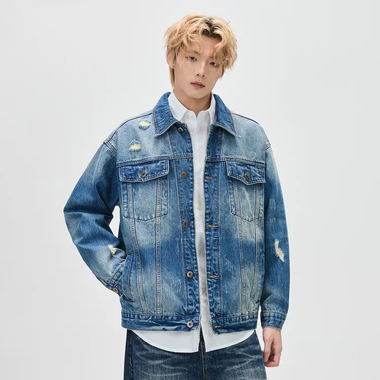 美式水洗做旧牛仔衣外套男痞帅秋季潮牌复古破洞设计感休闲夹克