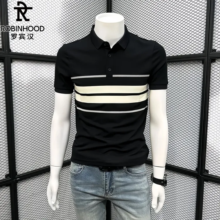 罗宾汉/ROBINHOOD夏季男POLO衫潮流新款修身条纹拼接时尚翻领短袖