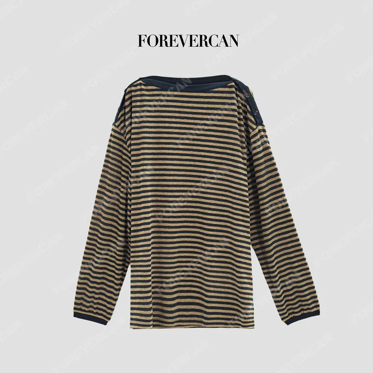 FOREVERCAN“双生条纹”慵懒风解构纽扣两穿宽松T恤上衣WT57333