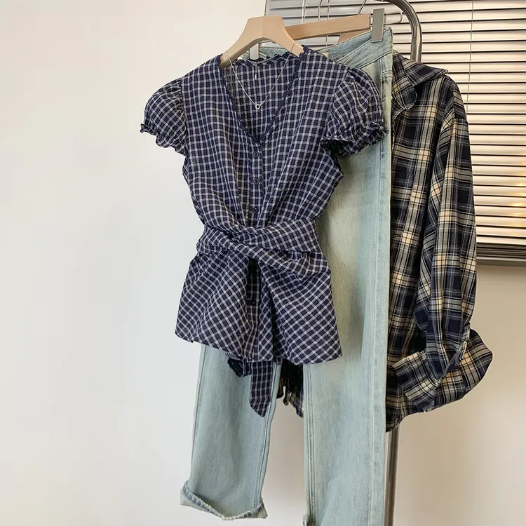 法式复古格纹蕾丝衬衫2025夏季胖MM大码女装收腰设计感绑带上衣女