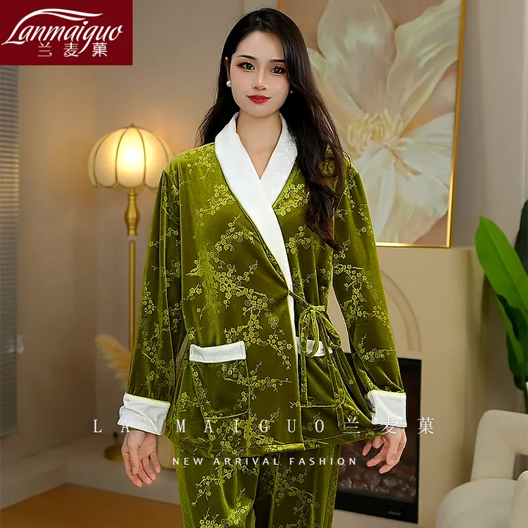 兰麦菓【金钻绒】碧蔓系带两件套睡衣女士秋冬季青果领金丝绒家居服
