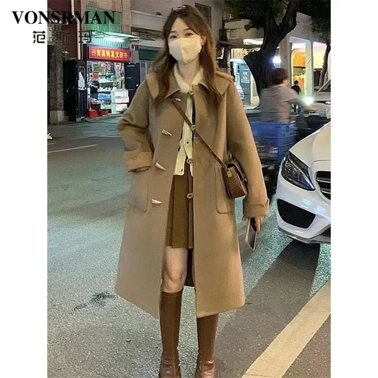 牛角扣双面呢大衣女2025秋冬季新款学院风小个子赫本风毛呢外套潮
