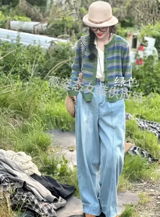 薇姿态【98703】秋季新款时尚复古百搭圆领色织条纹长袖针织开衫
