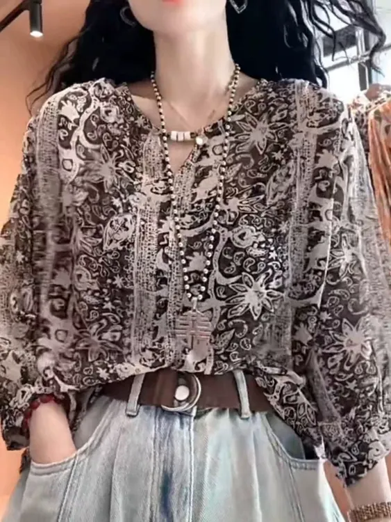 老钱风设计感七分袖印花衬衫早秋新款宽松显瘦百搭洋气雪纺衫