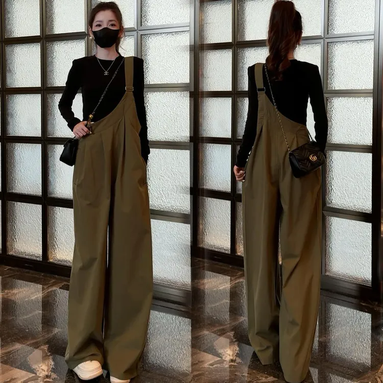 拉夏贝尔时尚套装女2025秋季新款T恤衫设计感背带阔腿裤两件套潮