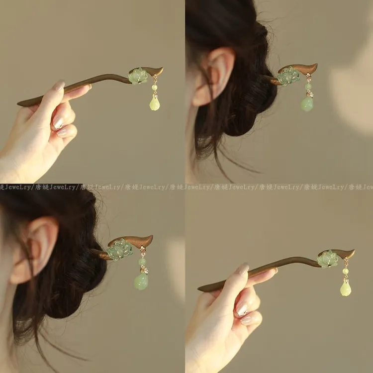 新中式仿玉流苏盘发木簪子女2025新款高级感旗袍古风发簪头饰发钗