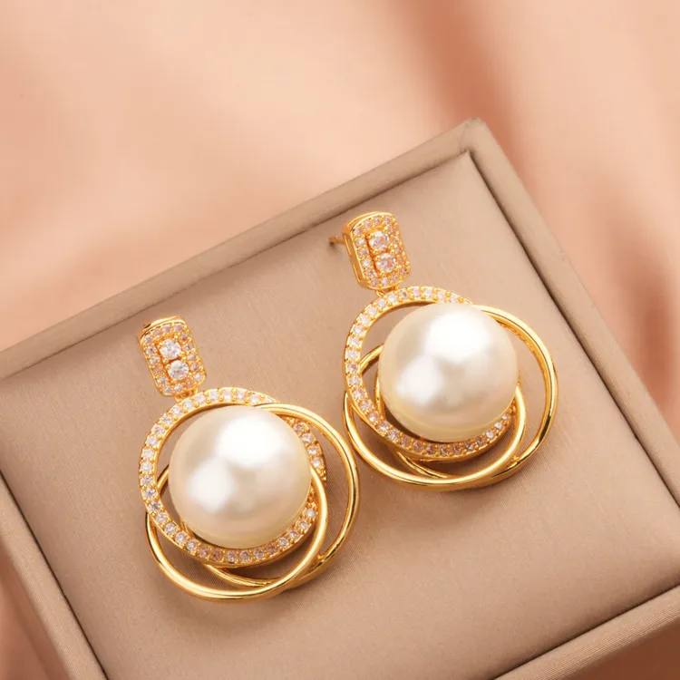 铜合金合成锆石耳饰 法式金色耳环女轻奢大气气质镀简约优雅耳钉