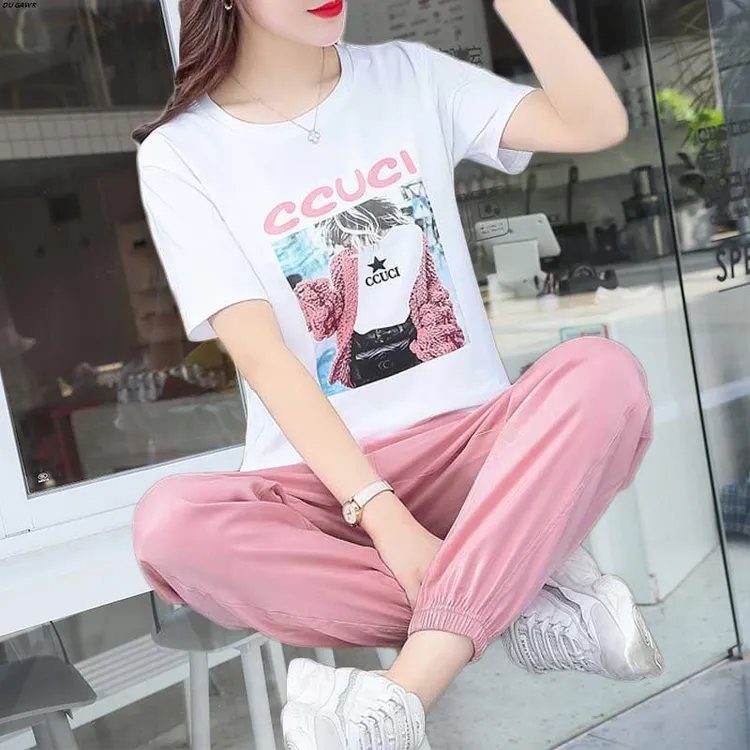 休闲时尚运动套装女2025年夏季新款洋气质小个子短袖束脚裤两件套