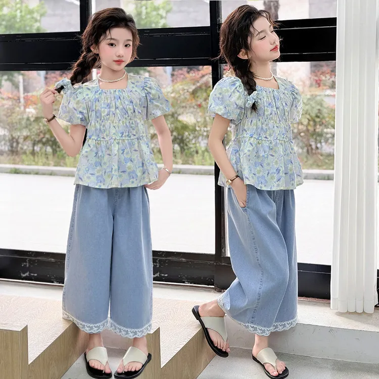 女童夏季女孩甜美碎花儿童短袖洋气套装2025新款中大童5-12岁15岁