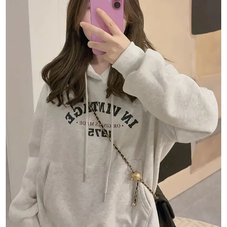 韩系氛围感早秋穿搭字母印花连帽卫衣2025新款宽松显瘦长袖上衣女